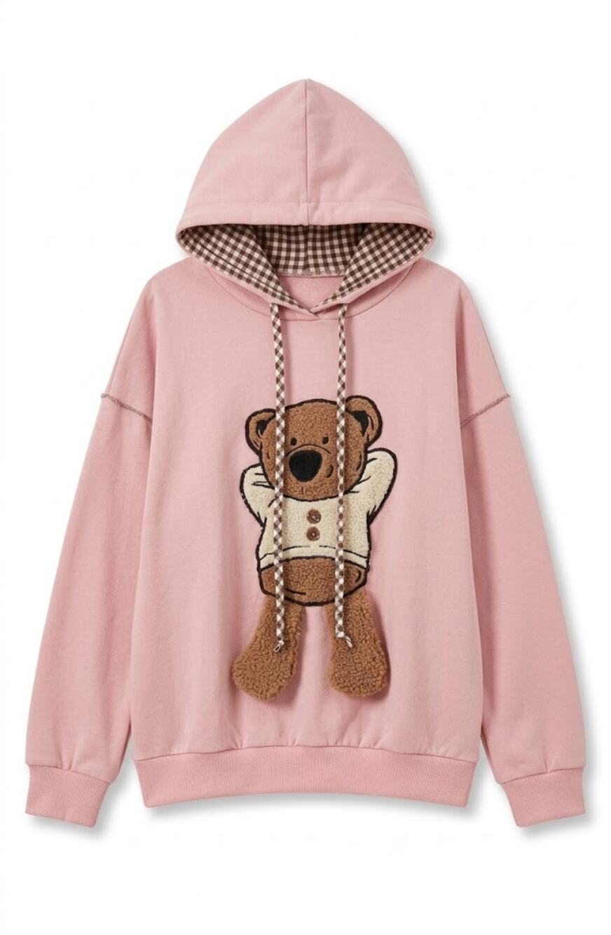 Easel Pink Teddy Bear Patch Relaxed Fit Hooded Pullover NWT